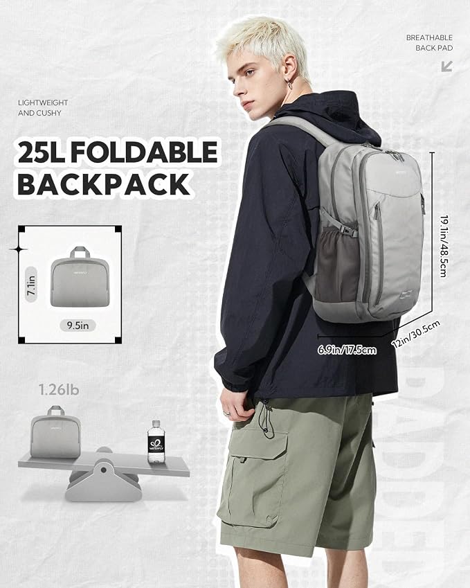 WATERFLY Lightweight Packable Backpack, 25L Small Foldable Travel Daypack | Large Opening Pocket with Luggage Strap, Breathable Back Pad, Easy to Fold, Compact Day Pack for Hiking Outdoor