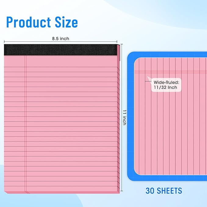 12pcs Legal Pads 8.5 x 11, Notepads 8.5 x 11 Inch, Color Note Pads Clear Print Writing Pads of Paper, Memo Pads , Perforate Legal Notepads Paper , Wide Ruled Lined with Sturdy Back,30 Sheets/Pack