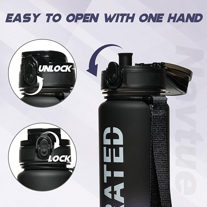 Water Bottle, 32 oz Sports Water Bottles with Time Marker Wide Mouth, Motivational and Leakproof Drink Bottle, BPA Free Tritan with Carry Strap for Gym Fitness Outdoor(1 Bottle)