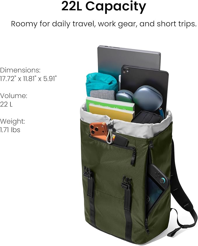 tomtoc Flap Laptop Backpack, Lightweight, Water-Resistant Casual Daypack, Durable Work-pack, Vintage Classic Rucksack for 13-16 Inch Laptop, perfect for Campus, Street, 22L