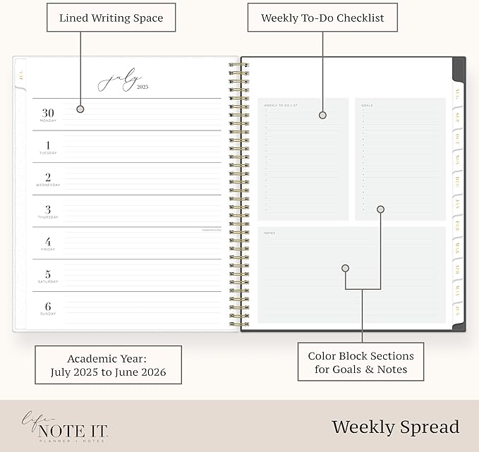 Blue Sky Life Note It 2025-2026 Academic Year Weekly and Monthly Planner, July 2025 - June 2026, 8.5” x 11”, Frosted Cover, Laminated Tabs, Wirebound, Storage Pocket, Hannah