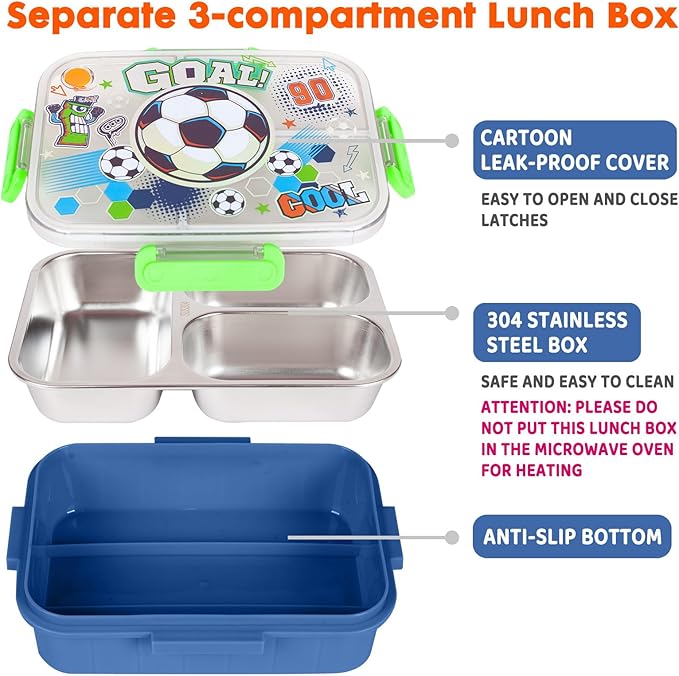 Stainless Steel Bento Lunch Box for Kids, 800ml/27oz BPA-Free Leak-Proof Food Containers with 3 Compartments, Freezer & Dishwasher Safe, Back to School Students Lunches Size for Ages 3-7