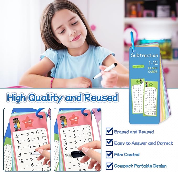 Subtraction Flash Cards 1-12, 15PCS Times Table Flash Cards Chart, with Dry Erase Markers Sorting Ring, 1st, 2nd, 3rd Grades Educational Math Subtraction Game for Kids Classroom Home