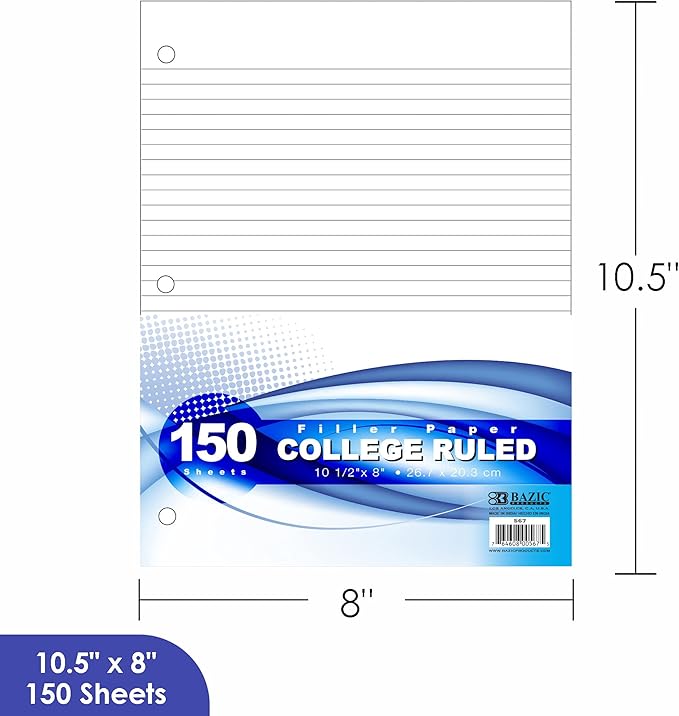 BAZIC Products College Ruled Filler Paper, 150 Sheets, 10.5" x 8", 6-Pack