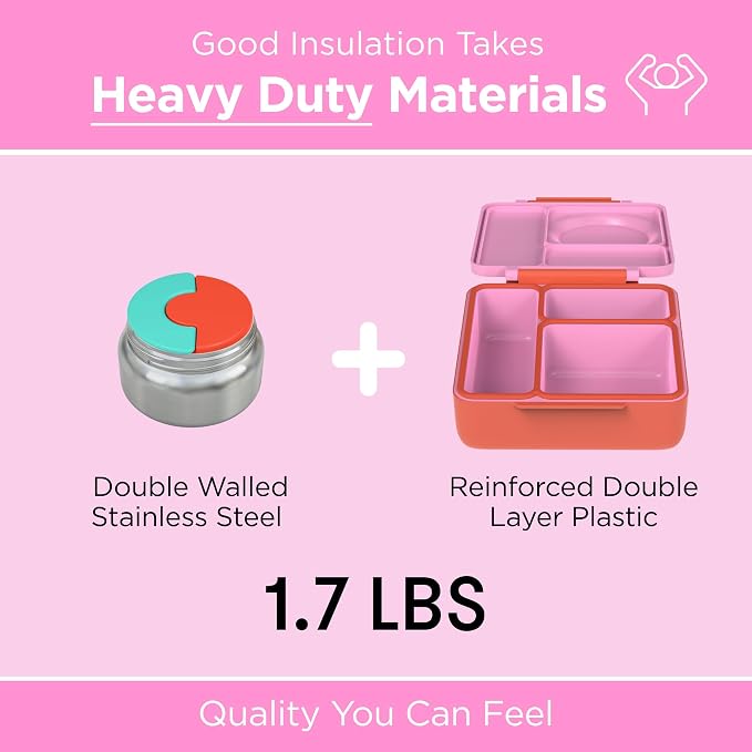 Omie OmieBox Kids Insulated Leakproof Bento Lunch Box with Food Jar (Pink Berry) (Pack of 2)