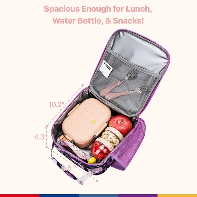Bagseri Kids Lunch Box for Girls - Insulated Toddler Lunch Bag Fits Bento Box, Reusable Daycare Cooler Tote with Clip Handle, Water-Resistant Lining, Deep Purple Unicorn