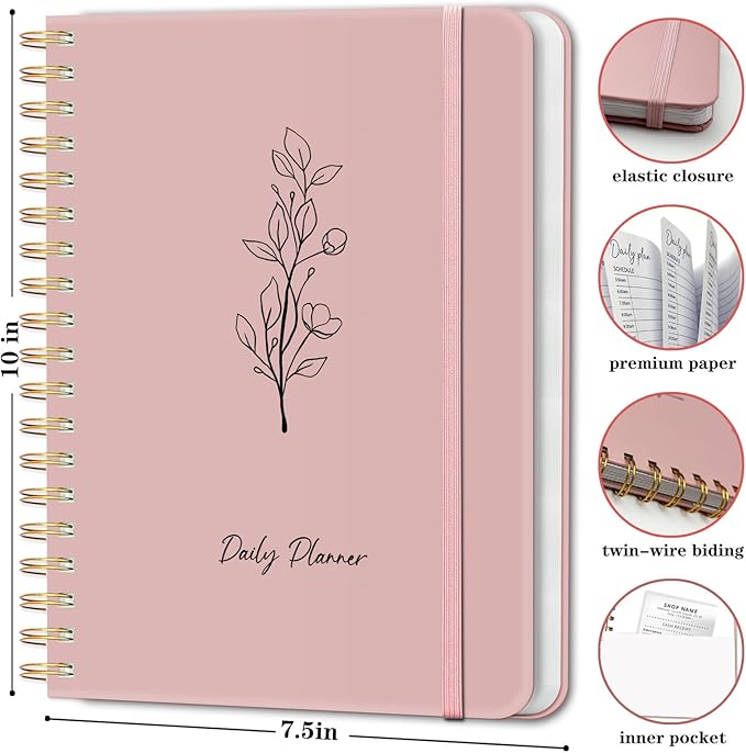 Undated Daily Planner With Hourly Schedule, To Do List Spiral Notebook, Easily Organize Your Work Tasks And Appointments, Perfect School Or Office Supplies For Organizing & Planning, 7.5"x10", Pink