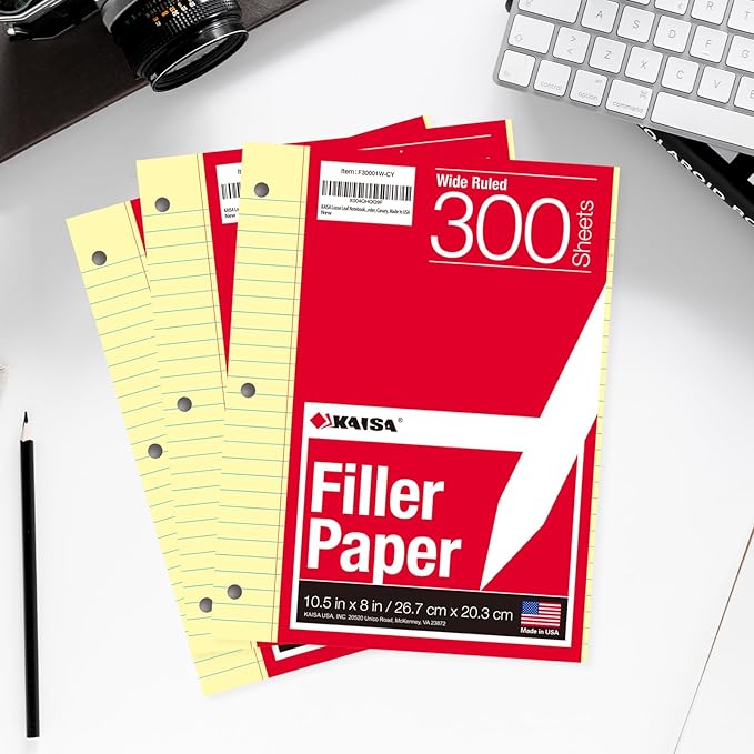 KAISA Loose Leaf Notebook Paper, Wide Ruled, 300 Sheets Per Lined Paper, 8" x 10.5", 3 Hole Punched for 3 Ring Binder, Canary, Made In USA