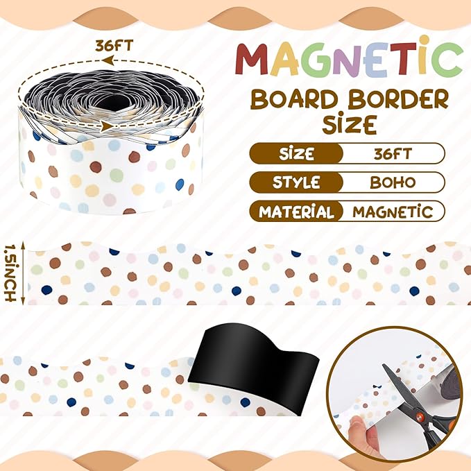 Tellegloww 36 ft Scalloped Magnetic Border Magnetic Border for Whiteboard Bulletin Board Borders Reusable Rolled Borders Trim for Office Chalkboard(Polka Dot)