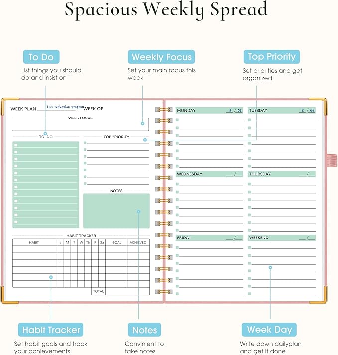 Undated Weekly Planner, Hardcover Leather Weekly & Monthly Calendar Blank Planner, To Do List Notebook with Goal & Habit Tracker Organizer, A5 Daily Planner with Spiral Binding, Ideal for Work School Home, Pink