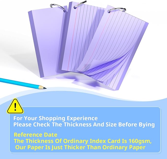 Index Cards 3x5 Inches, 300 PCS, Purple Flash Cards With Ring, Punched Lined Study Card Ruled Flashcards Notecards, Ruled Front And Blank Back, Note Card for School, College And Home