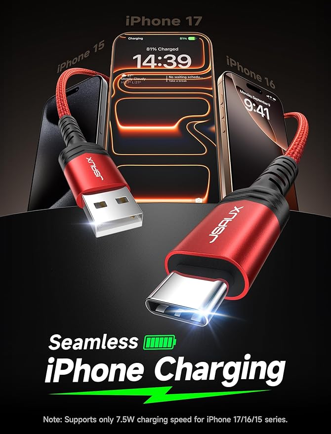 JSAUX USB C Cable Fast Charging, 3-Pack (10ft+6.6ft+3.3ft) USB A to Type C Charge Cord for iPhone 17/17 Pro/17 Pro Max, iPhone 16/16 Pro/16 Pro Max, Samsung Galaxy S21 S20 Note 20, USB C Charger(Red)