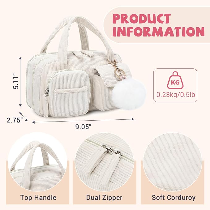 Pencil Case Corduroy Multiple Compartments Pouch Bag for Girl, Off White
