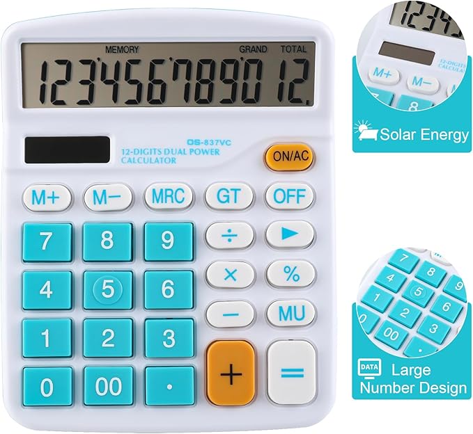 Calculator Large Display Desktop Solar Battery Dual Power 12 Digit Financial Dedicated Standard Function Business Calculator Multifunctional KA08 Blue