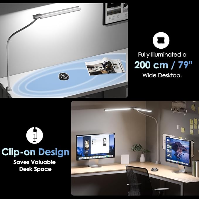 EYOCEAN Desk Lamp with Clamp, 31.5" LED Desk Lamp for Home Office, 24W Double Head Desk Light, Dimmable & Color Temperature, Table Lamp with Remote Control, Brightest Computer Monitor Light