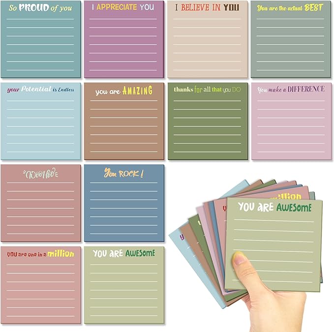 Yinder 12 Pcs Inspirational Sticky Notes Cute Motivational Sticky Notes Pad End of Year Employee Appreciation Gifts Bulk for Teacher Nurse Coworkers Office Supplies 3 x 3''(Appreciation,Neutral Color)