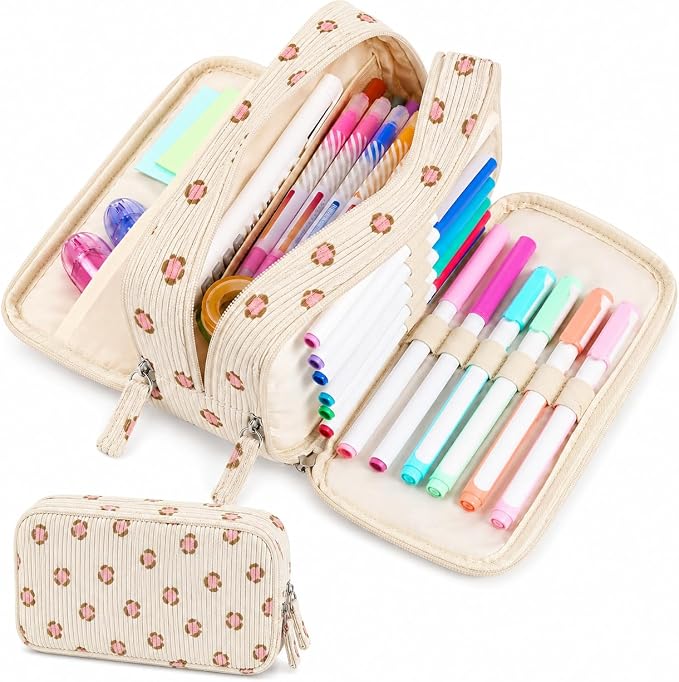 Sooez Big Capacity Pencil Case Pen Pouch, Soft Corduroy Pencil Bag with 3 Compartment, Multiple Pockets, Sturdy Zipper, Cute School Supplies Pen Bag Organizer For Teen Girls-Pink Leopard Print