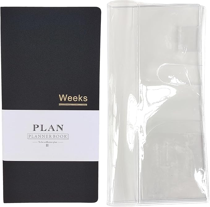 Undated Pocket Weekly Planner Schedule Organizer Agenda Year Month Week Plan A6 Notebooks (Dark black with clear cover)
