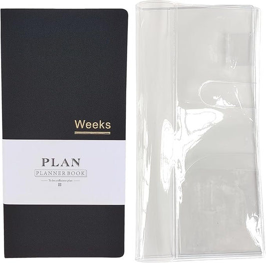 Undated Pocket Weekly Planner Schedule Organizer Agenda Year Month Week Plan A6 Notebooks (Dark black with clear cover)