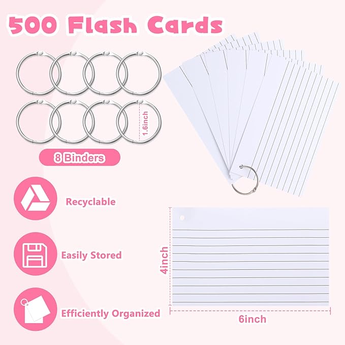 Yexiya 500 Pcs Index Cards with Rings Study Supplies Punched Lined Flash Cards with Holes Ruled Single Hole Notes and Metal Rings for Adults Office(4 x 6 Inch,White)