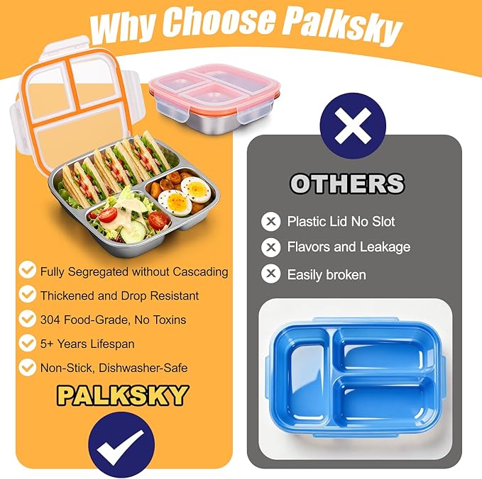 Palksky Lunch Box Containers Stainless Steel, Bento Lunch Box for Adults Men Women, 3-Compartments Metal Food Storage Containers with Leakproof Lids for Travel Picnics Office (2 Packs)