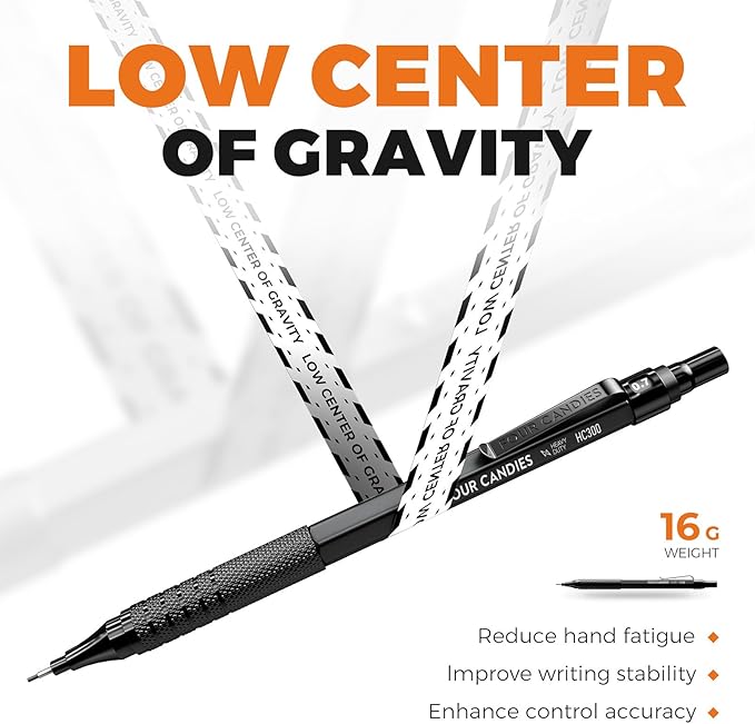 Four Candies Metal Mechanical Pencil Set, 3PCS Art Drafting Pencils 0.5, 0.7, 0.9MM & 2PCS 2MM Mechanical Drawing Pencils with 420PCS Leads (4B 2B HB 2H Color) for Writing Sketching Drawing (Black)