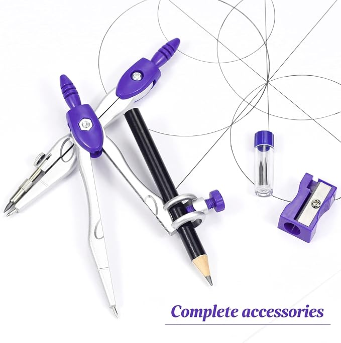 Unjoo Math Geometry Kit Sets 10 Piece Student Supplies with Shatterproof Storage Box,Includes Rulers,Protractor,Compass,Eraser,Pencil Sharpener,Lead Refills,Pencil,for Drafting and Drawings（Purple）