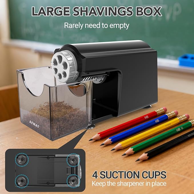 AFMAT Electric Pencil Sharpener for Classroom, 6 Holes, Cordless & Rechargeable, Super Fast, Auto Stop, 10K+ Uses, Heavy Duty Pencil Sharpener for 6-11mm No.2/Large/Colored Pencils PSD4(Black)
