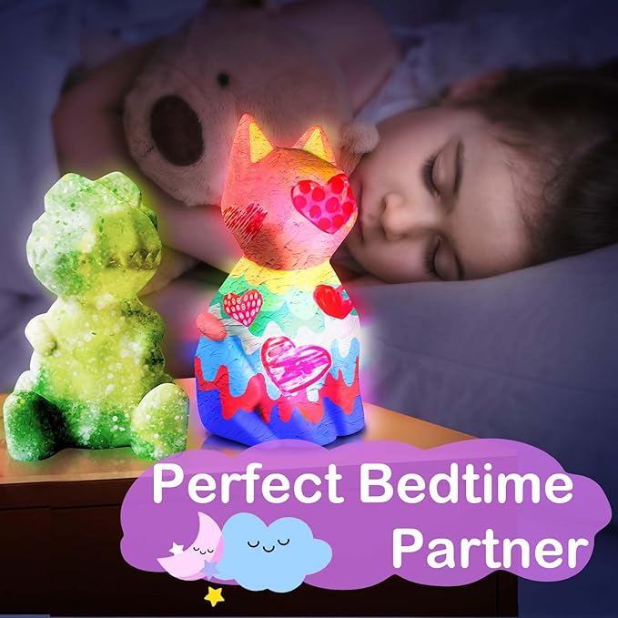 Goody King Paint Your Own Cat & Dinosaur Lamp Kit, 3PCS DIY Night Light, Arts & Crafts for Kids Ages 8-12, Art Supplies Painting Kit for Kids 6-12, Art Supplies Craft Birthday Gifts for Kids Ages 3+