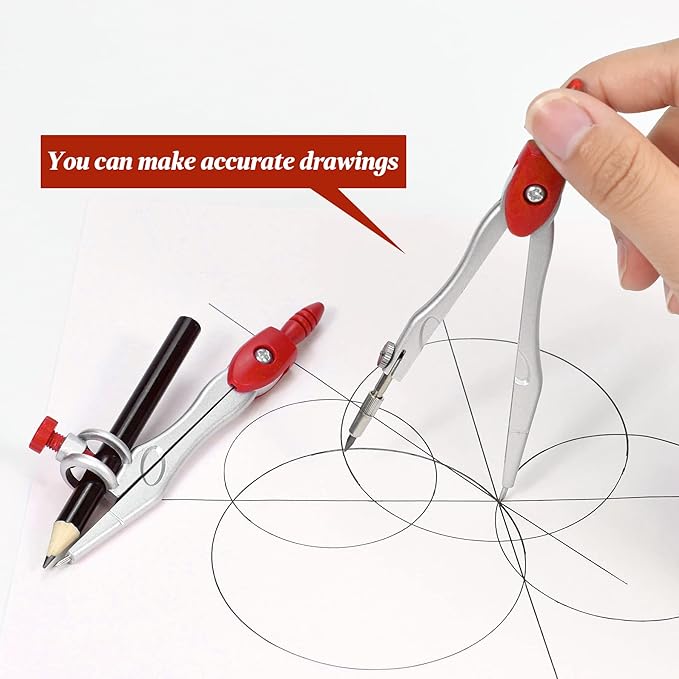 Vobou Math Geometry Kit Sets 10 Piece Student Supplies with Shatterproof Storage Box,Includes Rulers,Protractor,Compass,Eraser,Pencil Sharpener,Lead Refills,Pencil,for Drafting and Drawings（Red）
