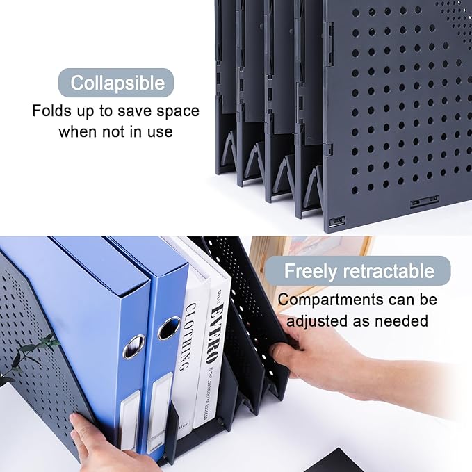 FRETONBA Collapsible Magazine File Holder with 4 Vertical Compartments Foldable Binder Holder for Desk Binder Storage Organizer Plastic Magazine Holders for Shelf, Dark Gray
