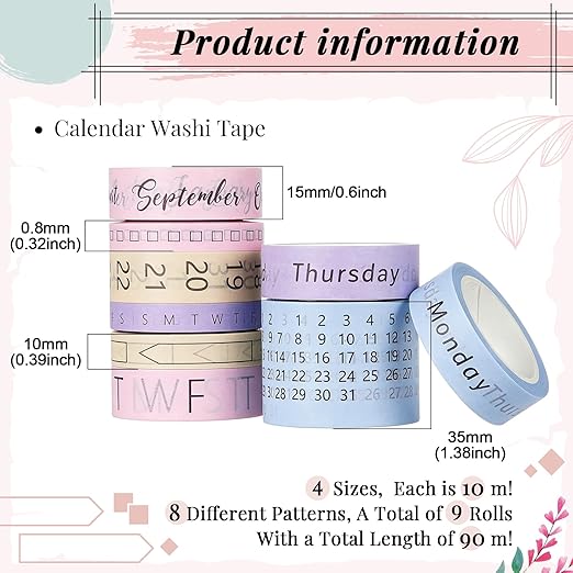 Chuangdi 9 Rolls Calendar Washi Tape Set Day Week Month Number Vintage Calendar Date Washi Masking Tape Decorative Patterned Marking for Arts Crafts Journal Planner (Pink, Purple, Yellow, Blue)