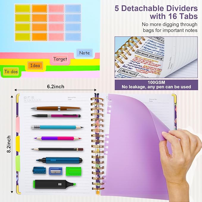 Spiral Journal Notebooks for Work, 300 Pages 5 Subject Notebook College Ruled with Dividers & Tabs, A5 Notebook Journal for Women Students Note-Taking and Organizer (Purple Floral)