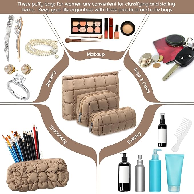 Huhumy 3 Pcs Puffy Makeup Bag Quilted Cosmetic Pouch for Women Cute Checkered Travel Toiletry Bag Puffer Makeup Organizer Purse Pouch Preppy Pencil Case with Zipper (Brown)