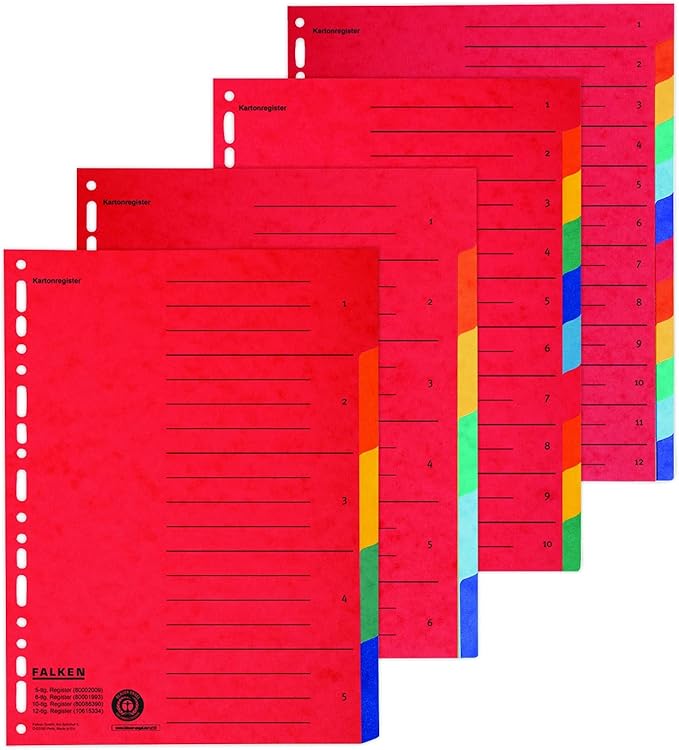 20 x Original Falken Cardboard Index Extra Wide for DIN A4+ 24.5 x 30 cm Full Height with Organisational Print 6-Piece Full Colour for Storing Brochure and Transparent Pockets
