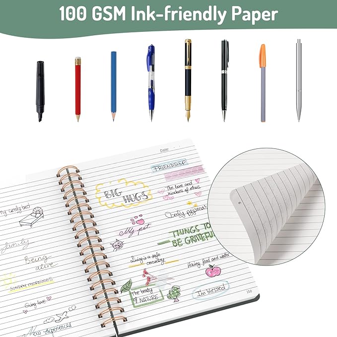 Forvencer Lined Spiral Journal Notebook with 300 Numbered Pages, B5 College Ruled Thick Journals for Writing with 100GSM Paper, Hardcover Notebooks with Contents for Work, School, Women, Men, Dark