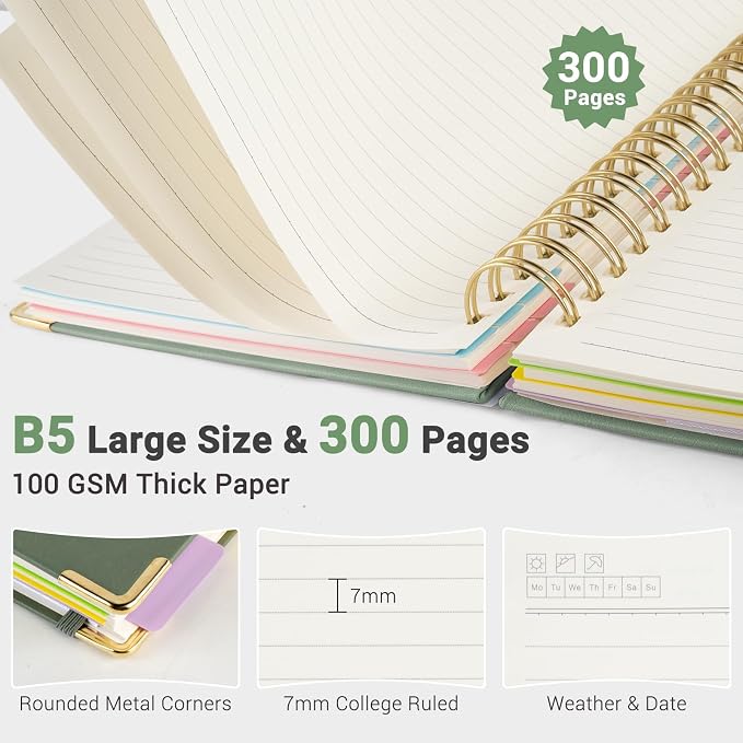 Hardcover Spiral Journal Notebook, 300 Pages 5 Subject Notebook College Ruled with Removable Dividers Tabs, 8" x 10" Notebooks for Work, Spiral Ruled Lined Writing Journal Hardcover Leather Notebook for School (Matcha Green, 8''x 10'')