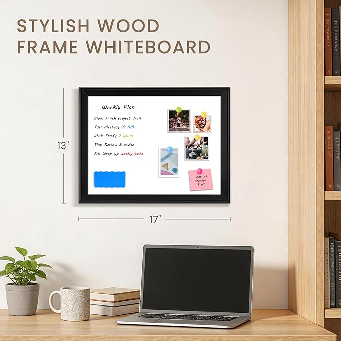 White Board for Wall, 17" x 13" Magnetic Dry Erase Board, Decorative Wooden Frame Whiteboard, Wall Mounted, Aesthetic Writing Board for Home, Office, School - Black