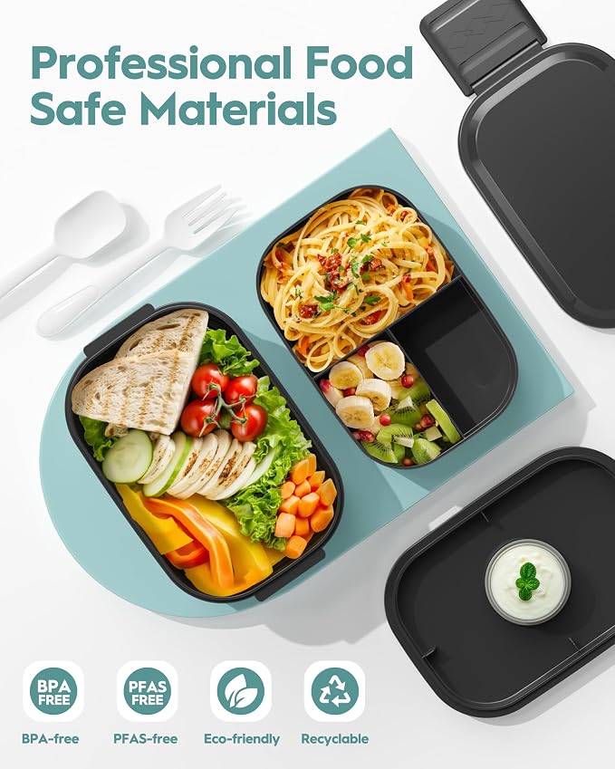 BiuLeon Bento Box Adult Lunch Box, 65 Oz Capacity Lunch Containers(Adjustable 2/3 Tier), BPA-Free, Leak-Proof and Stackable Bento Lunch Box, Microwave & Dishwasher Safe with Utensils(Black)