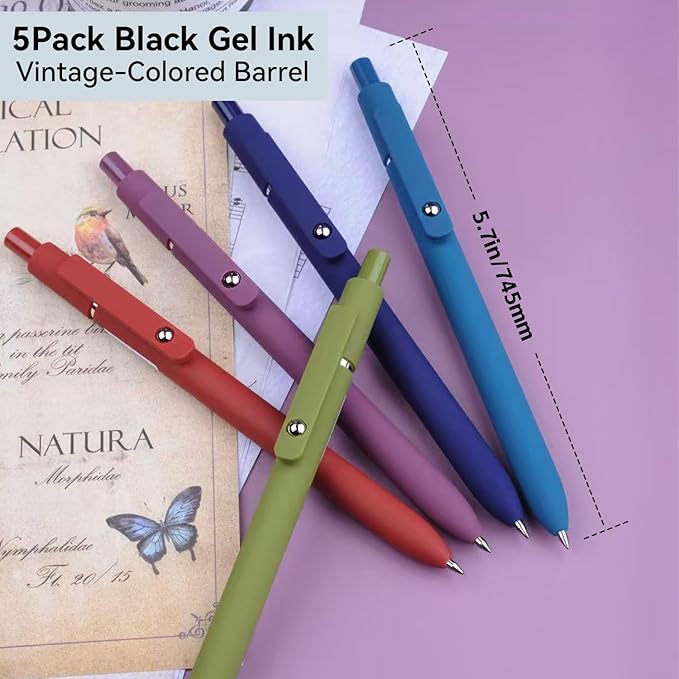 ACEES Gel Pens, 5Pcs 0.5mm Fine Point Black Ink Pens With Smooth Writing,Office Desk Accessories,Quick Dry Pens For Journaling,Ballpoint Writing Supplies, Gift for Women and Men (Retro)