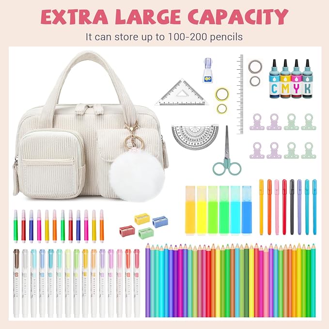Pencil Case Corduroy Multiple Compartments Pouch Bag for Girl, Off White