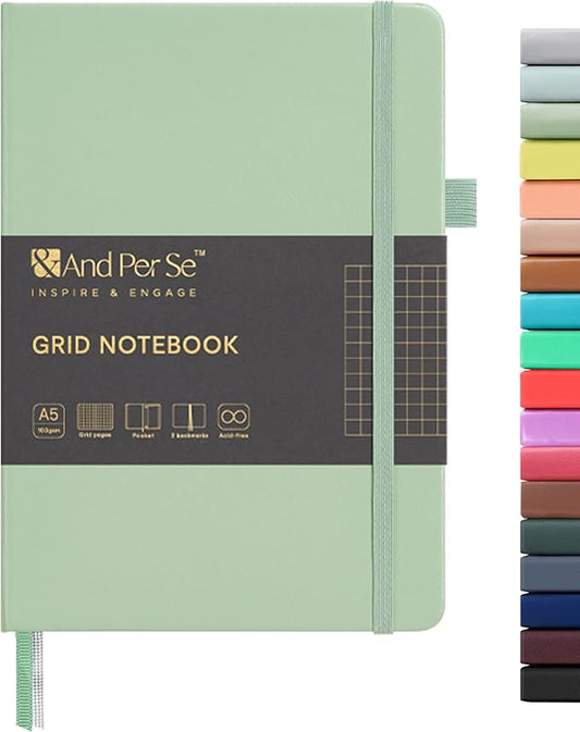 &And Per Se Graph Notebook, 5mm Grid, A5 Hardcover, 160 Pages 100gsm Thick Paper, Grid Journal for Diagrams, Wireframes, CAD Sketches (Light Green)