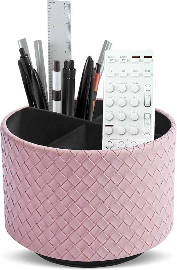 Round Leather Art Supply Organizer,Remote Control Holder,360 Degree Spinning,Multi-Functional Pencil Holder,4 Compartments Desktop Stationary Organizer(1-Weave Purple)