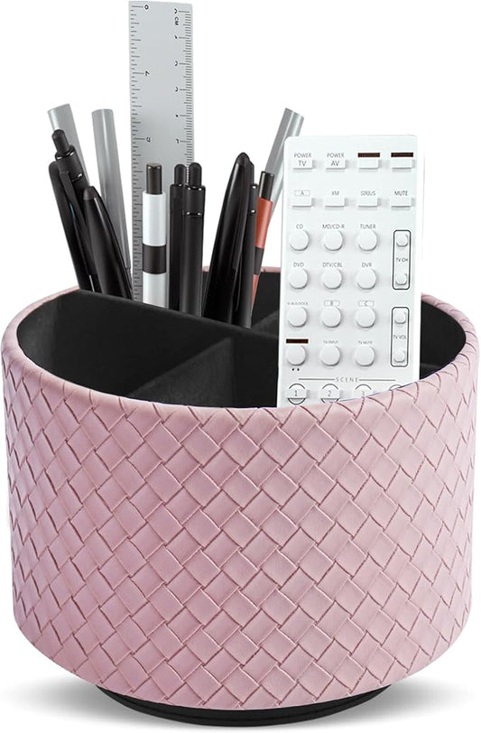 Round Leather Art Supply Organizer,Remote Control Holder,360 Degree Spinning,Multi-Functional Pencil Holder,4 Compartments Desktop Stationary Organizer(1-Weave Purple)
