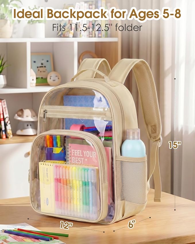 Soimeat Clear Backpack for Girls Boys - Kids Clear Bookbag - Fabric & PVC Transparent Backpacks for Elementary School, Khaki