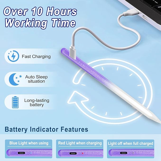 Stylus Pen for iPad Apple: Fast Charge for iPad Pencil Apple Pen with Palm Rejection Tilt Sensitivity - Pen for iPad 10/9/8/7/6, iPad Pro 12.9"/11"/13" M4, iPad Mini 6/5, iPad Air 5/4/3/M2 Purple