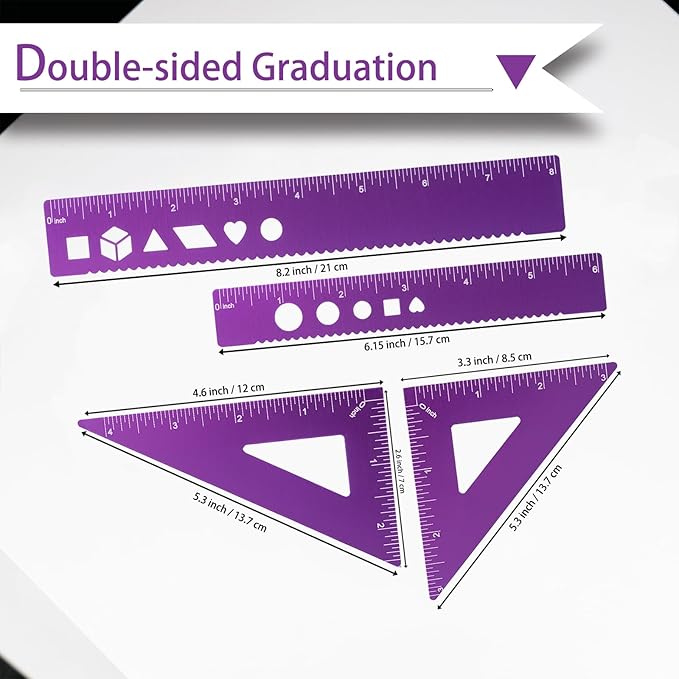 5 Pcs Metal Geometry Set, Math Drafting Ruler Kit- Aluminum Triangle Rulers, Protractor, 8 Inch and 6 Inch Drawing Ruler, Measuring Tool for School and Office Supplies (Purple)