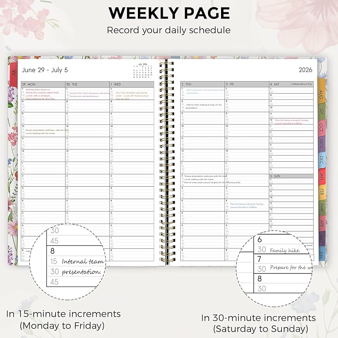 SKYDUE Appointment Book 2026-2027, Academic Hourly Planner from July 2026 - June 2027, 8.5" x 11" Weekly & Monthly Schedule Planner with 15-Minute Interval- Perfect for Daily Planning White Flower