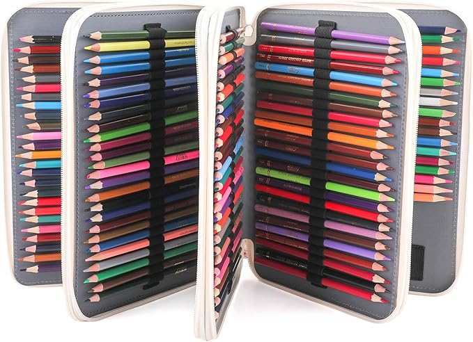 Vomgomfom 200 Slots Pencil Bag, 4-Layer Zipper Portable Art Supply Organizer, PU Leather Large Capacity Colored Pencil Case with Handle for 200 Watercolor Pens, Gel Pens (Gray Rose)