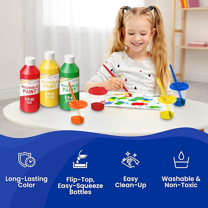 EXTRIC Washable Paint for Kids, (6 Colors of 8 oz) Kids Tempera Paint 6 Paint Cups & 6 Brushes Non-Toxic Mess-Free Finger Painting for toddlers & Kids, Art Supplies